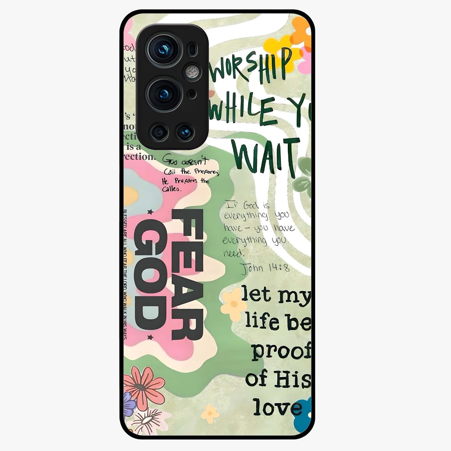 Faith Over Fear Glass Case showing flat back view with motivational typography artwork and glossy glass finish.