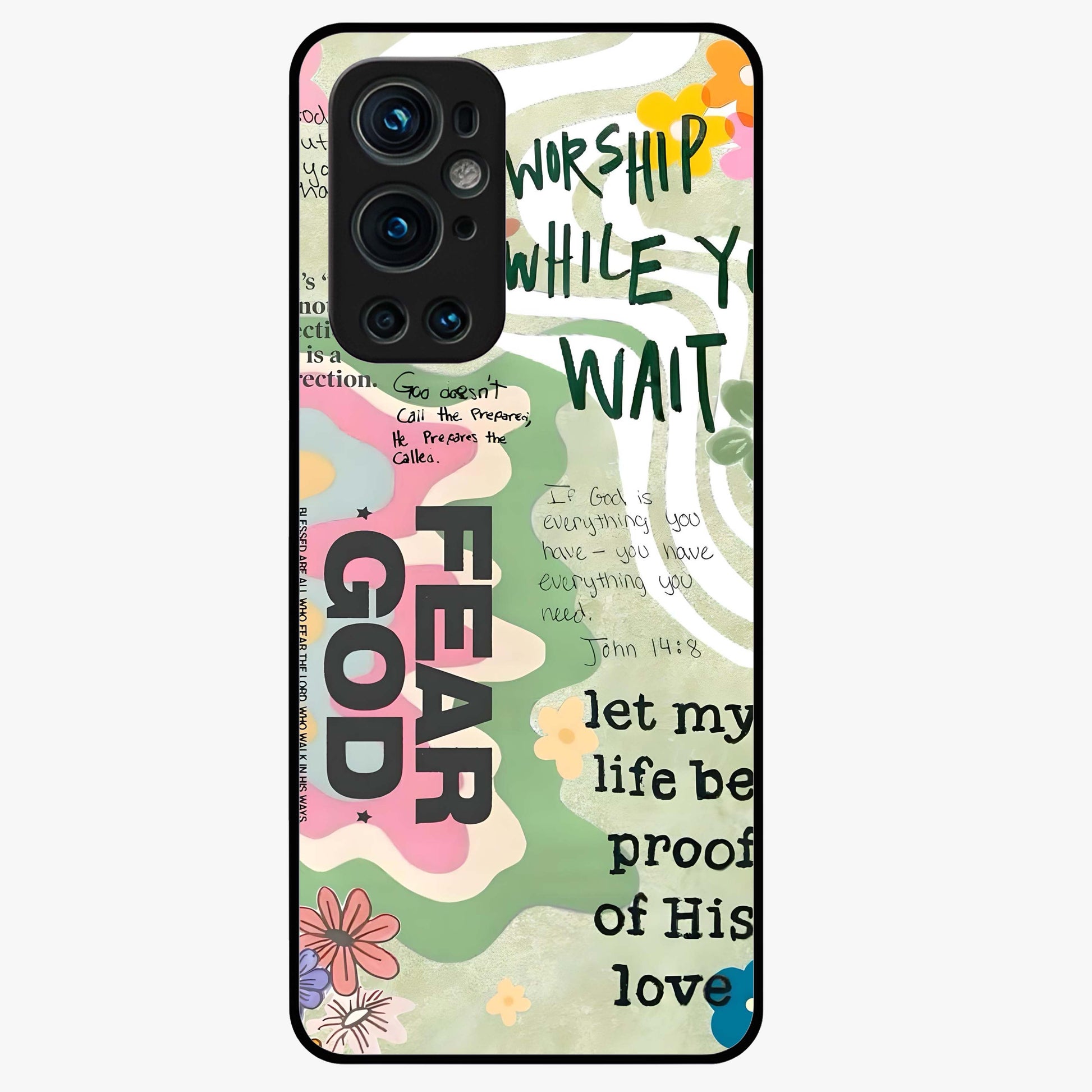 Faith Over Fear Glass Case showing flat back view with motivational typography artwork and glossy glass finish.