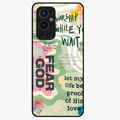 Faith Over Fear Glass Case showing flat back view with motivational typography artwork and glossy glass finish.