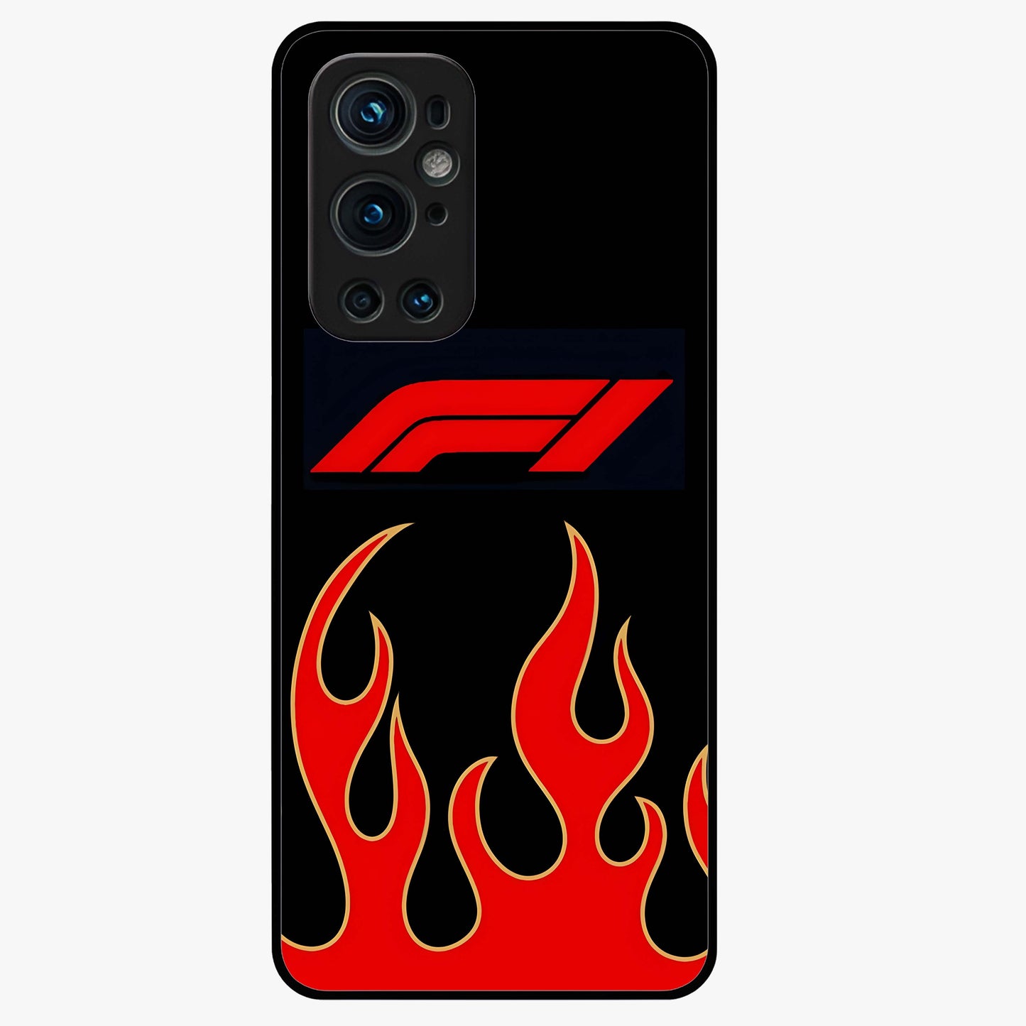 Fire F11 Glass Case showing flat back view with fiery themed artwork and glossy glass finish.