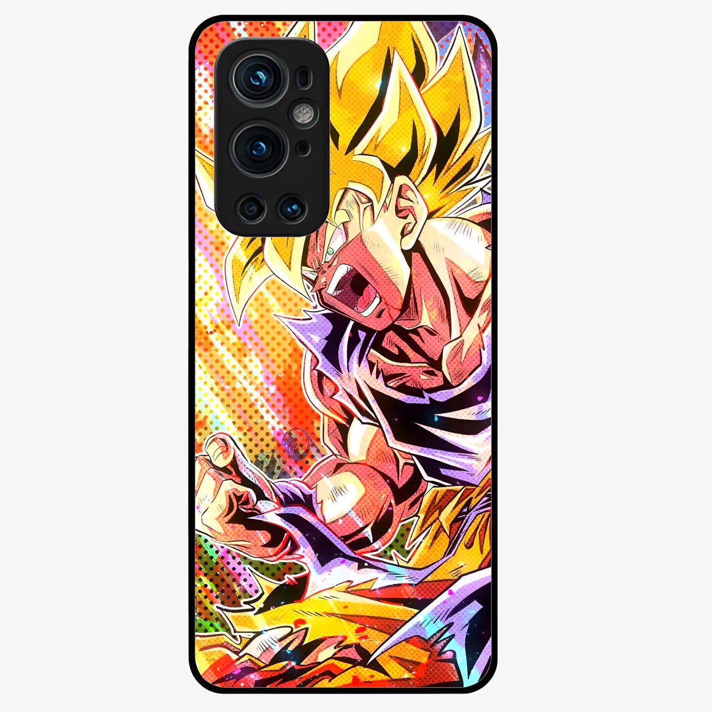 Firing Goku Glass Case showing flat back view with powerful anime inspired artwork and glossy glass finish.