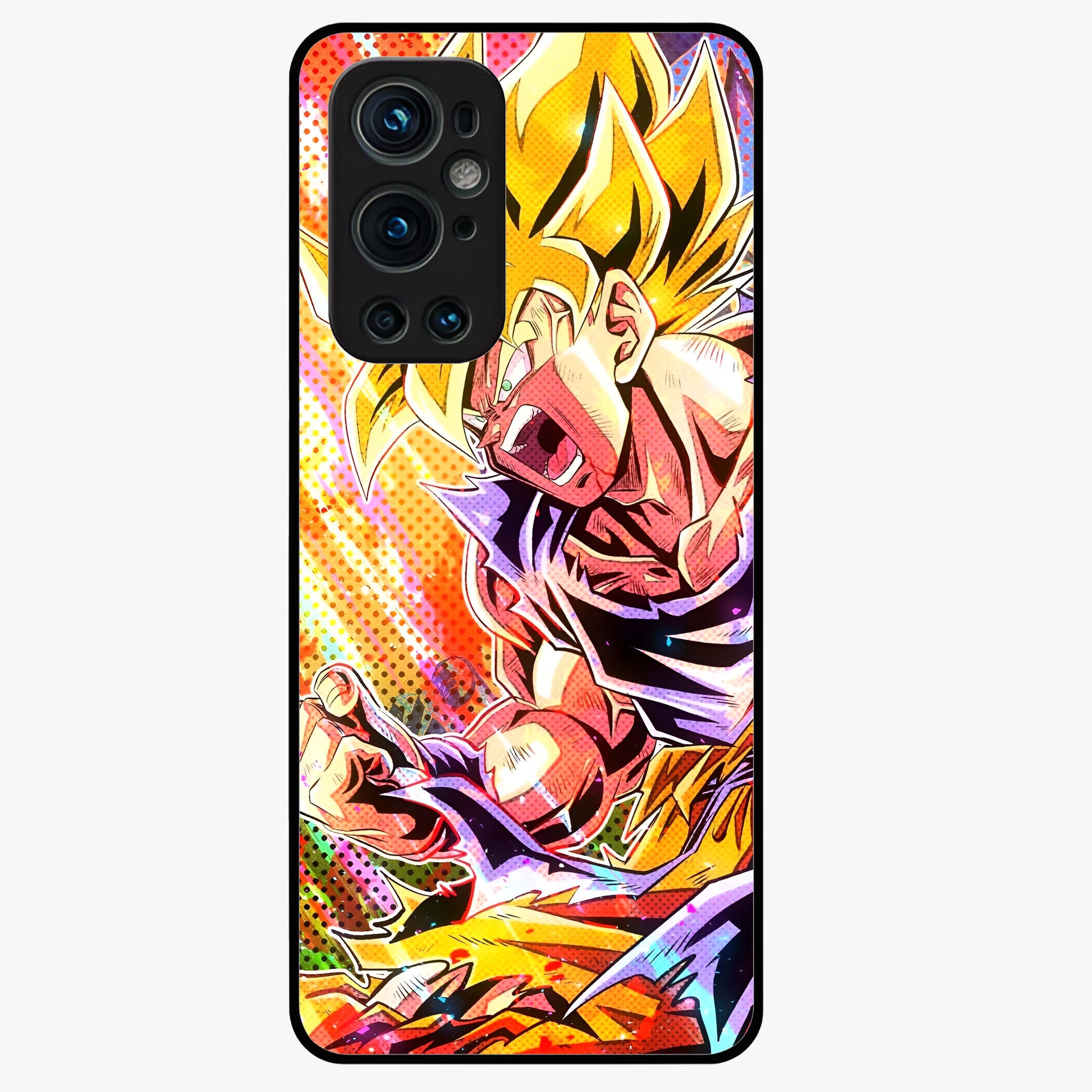 Firing Goku Glass Case showing flat back view with powerful anime inspired artwork and glossy glass finish.