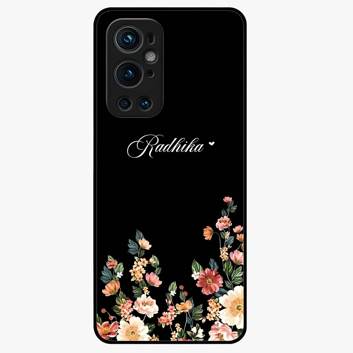 Floral Design With a Custom Personalized Name Glass Case showing flat back view with floral artwork and personalized name design.