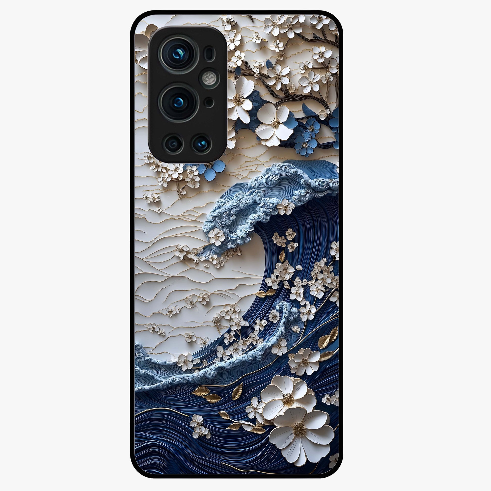 Floral Wave Origami Glass Case showing flat back view with origami inspired floral wave artwork and glossy glass finish.