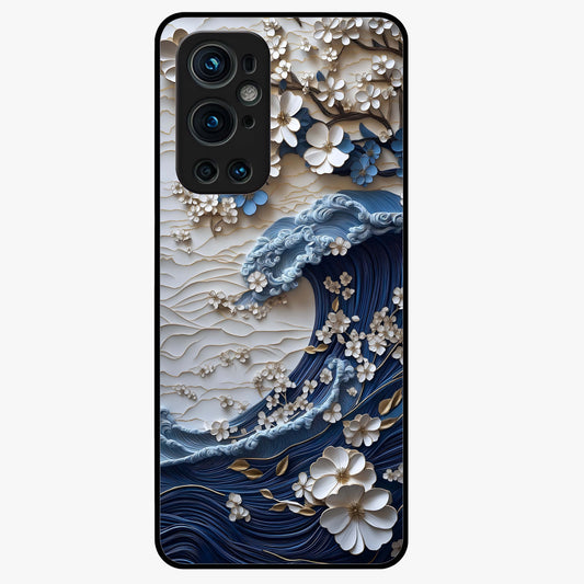 Floral Wave Origami Glass Case showing flat back view with origami inspired floral wave artwork and glossy glass finish.