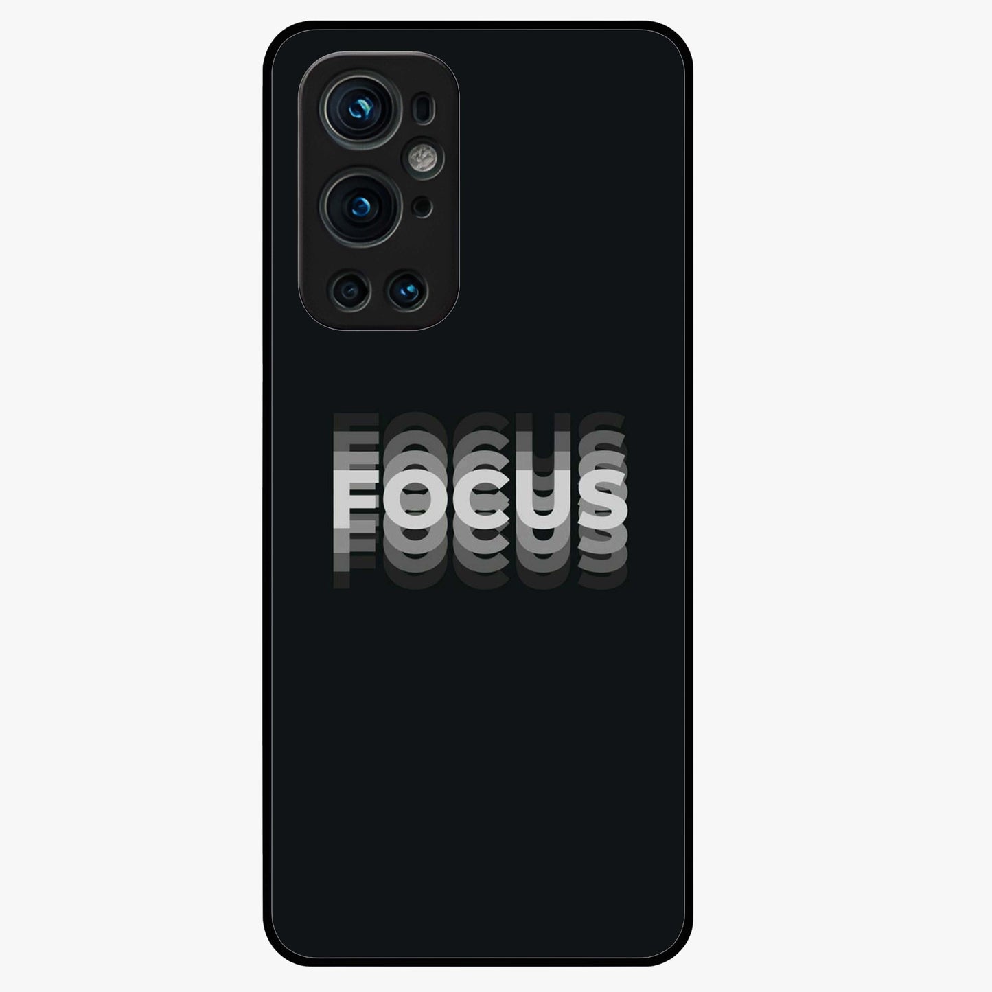 Focus Mode On Glass Case showing flat back view with bold motivational typography design and glossy glass finish.