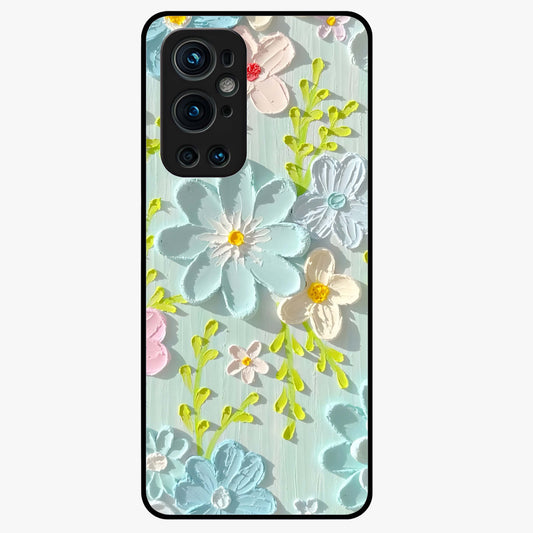 Frosted Petal Garden Glass Case showing flat back view with soft frosted floral artwork and glossy glass finish.