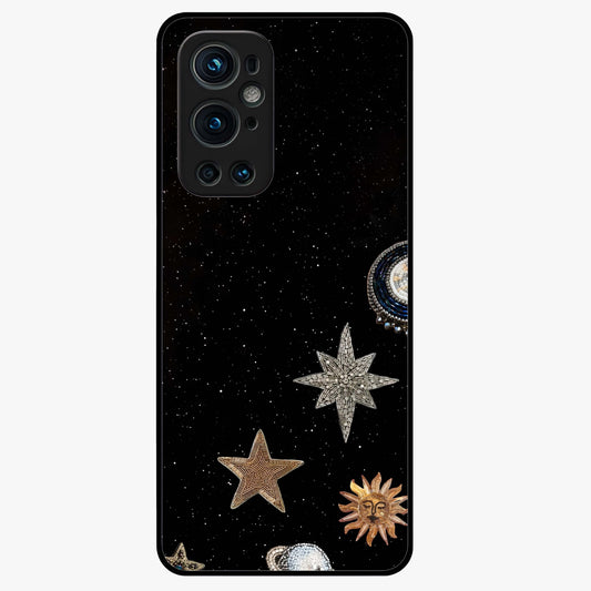 Galactic Charm Glow Glass Case showing flat back view with glowing celestial charm artwork and glossy glass finish.