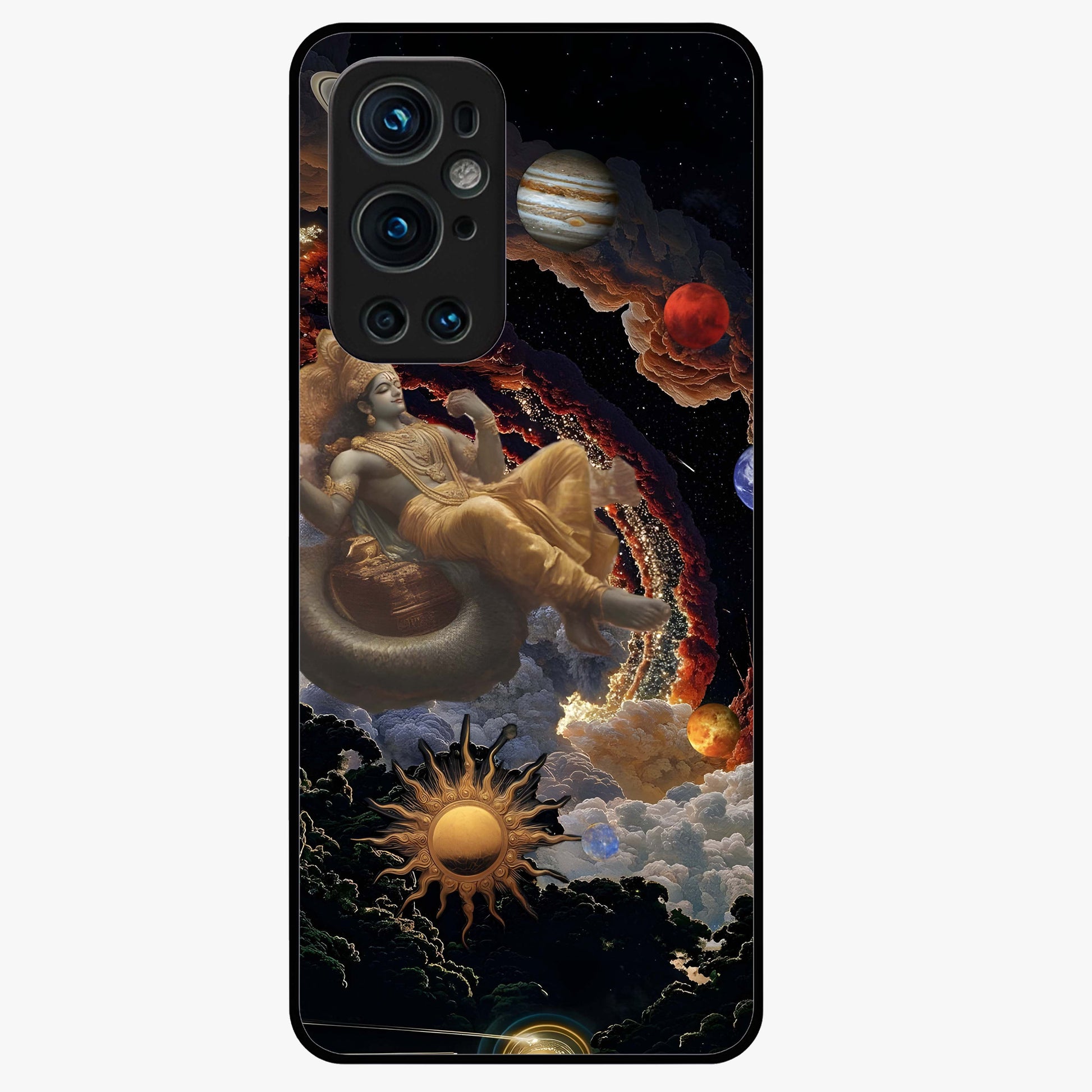 Galactic Divine God Glass Case showing flat back view with divine cosmic themed artwork and glossy glass finish.
