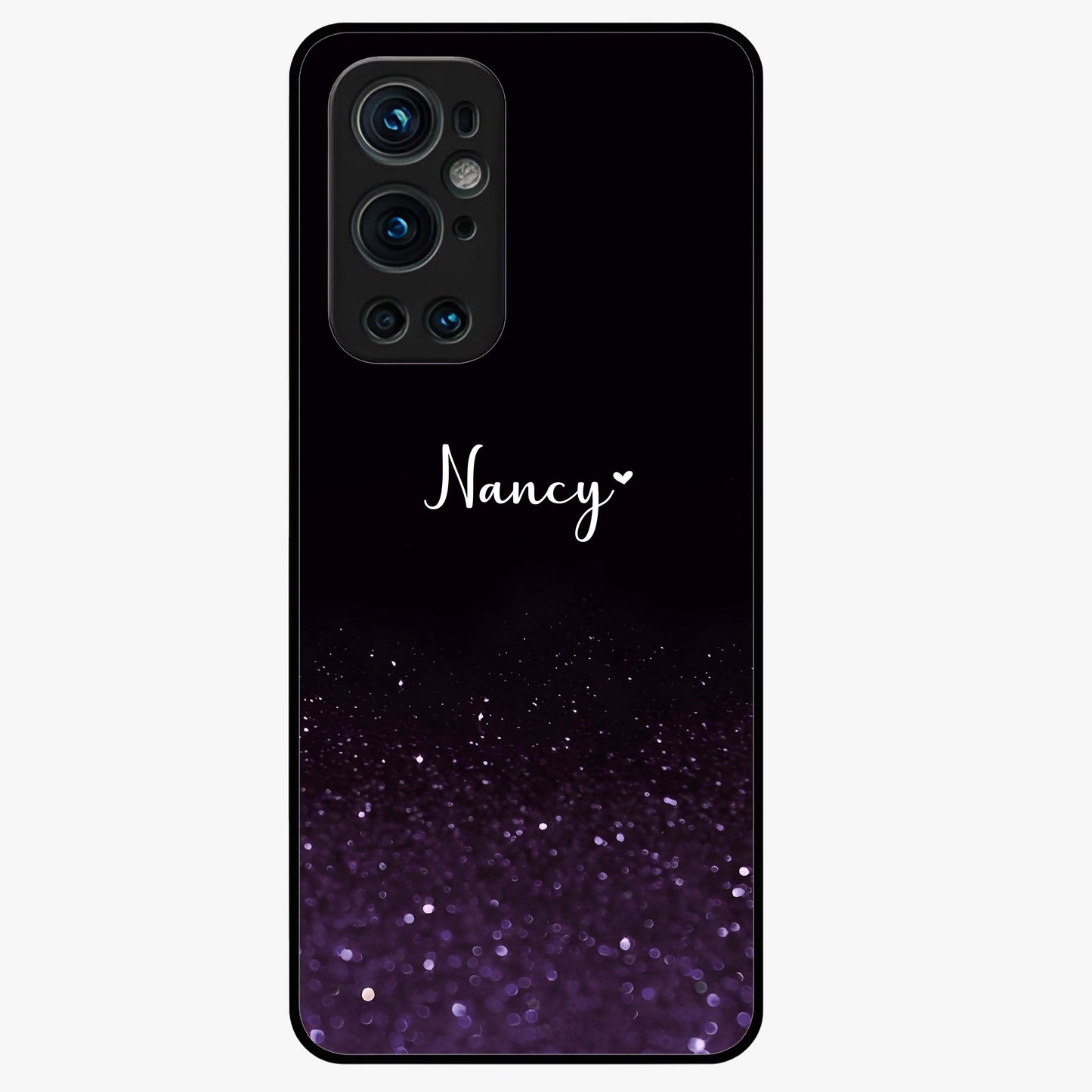 Glittery Purple Bokeh Custom Name Glass Case showing flat back view with purple bokeh sparkle artwork and personalized name design.