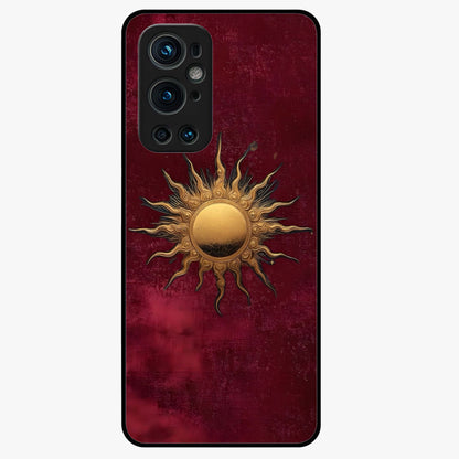 Gold Sun Blush Glass Case showing flat back view with golden sun inspired artwork and glossy glass finish.