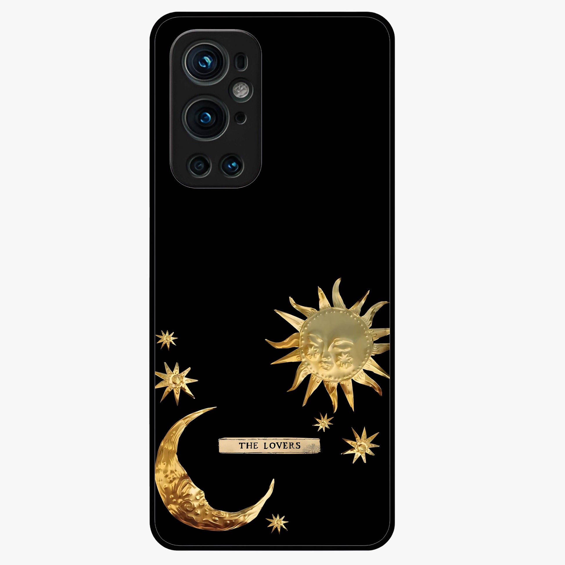 Golden Celestial Charm Glass Case showing flat back view with golden celestial charm artwork and glossy glass finish.