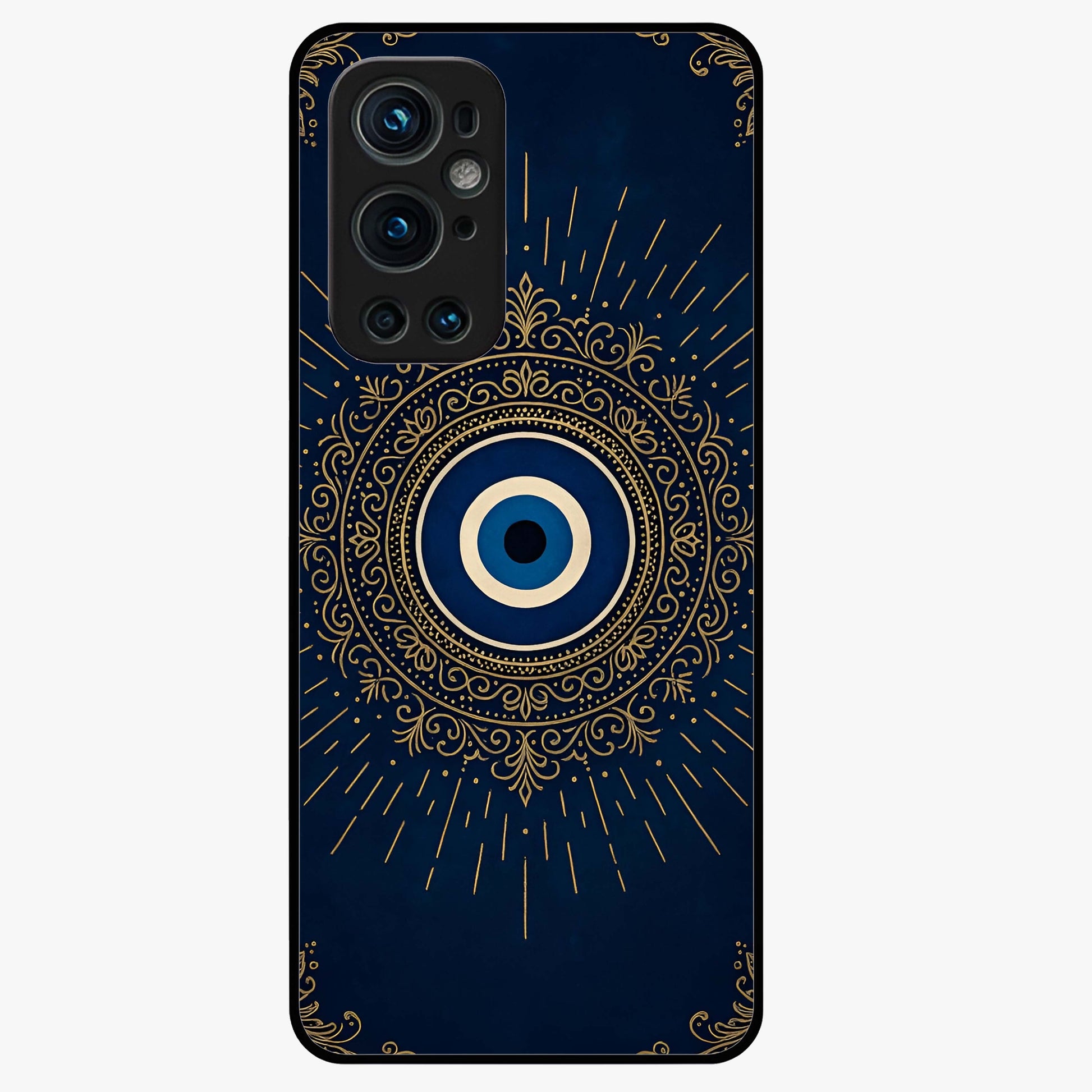 Golden Evil Eye Mandala Glass Case showing flat back view with intricate evil eye mandala artwork and glossy glass finish.