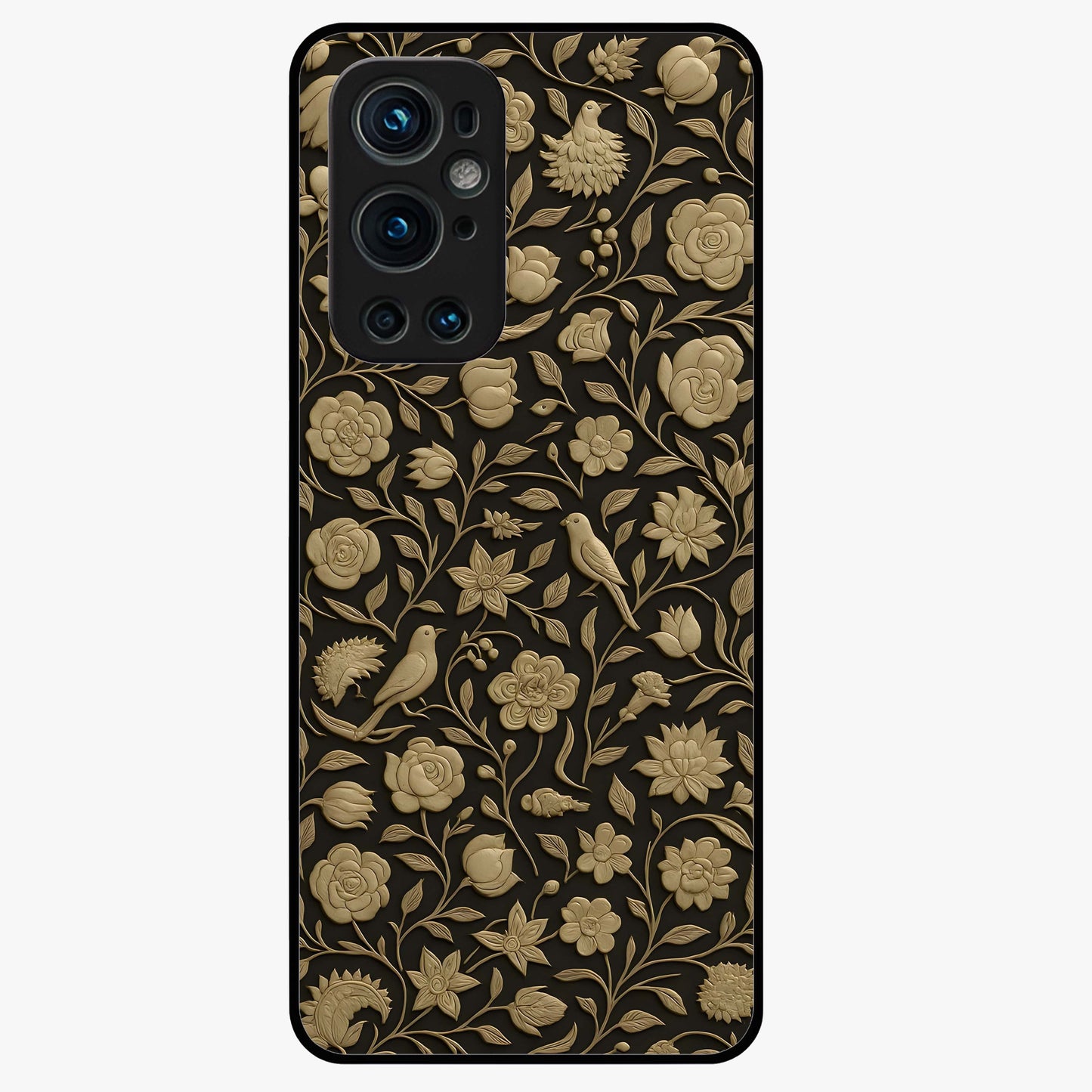 Golden Floral Majesty Glass Case showing flat back view with luxurious golden floral artwork and glossy glass finish.