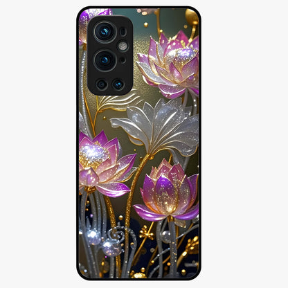 Golden Lotus Glow Glass Case showing flat back view with glowing lotus flower artwork and glossy glass finish.