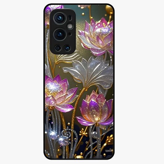 Golden Lotus Glow Glass Case showing flat back view with glowing lotus flower artwork and glossy glass finish.