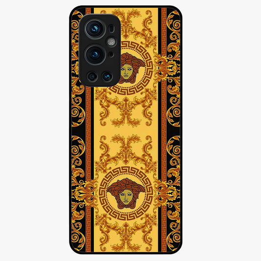 Golden Royal Heritage Glass Case showing flat back view with ornate royal pattern artwork and glossy glass finish.