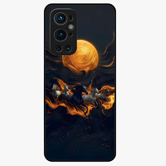 Golden Stallion Moonride Glass Case showing flat back view with majestic horse under moonlight artwork and glossy glass finish.