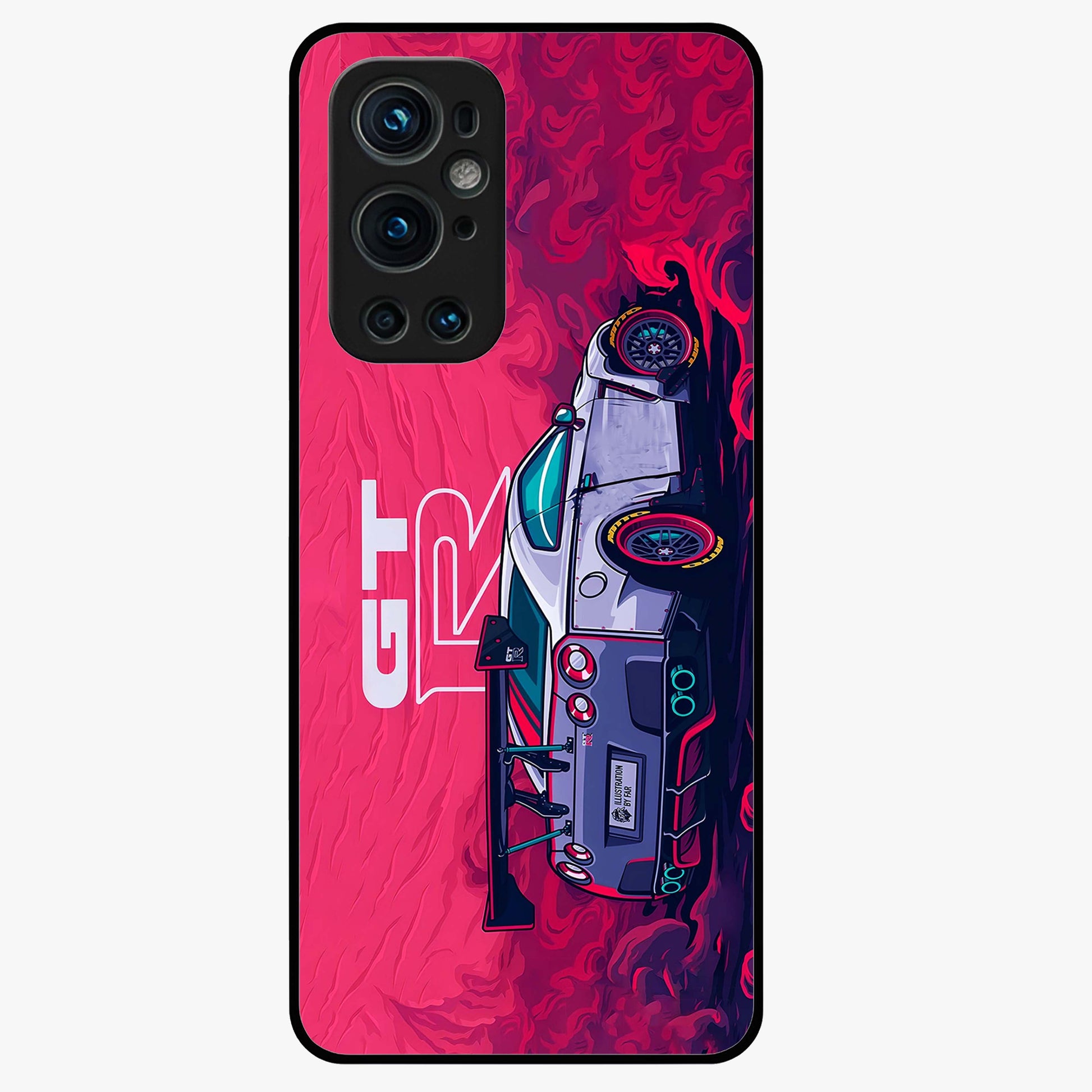 GT-R Car Pattern Glass Case showing flat back view with sporty car inspired pattern artwork and glossy glass finish.