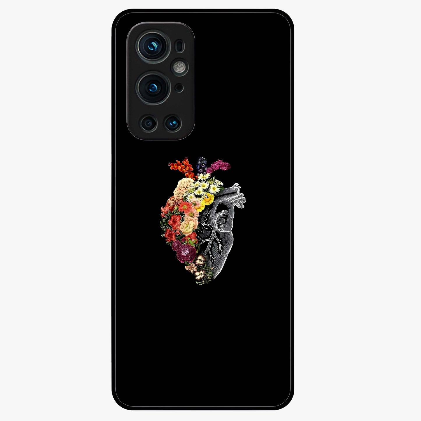 Heart With Flowers Glass Case showing flat back view with heart shaped floral artwork and glossy glass finish.
