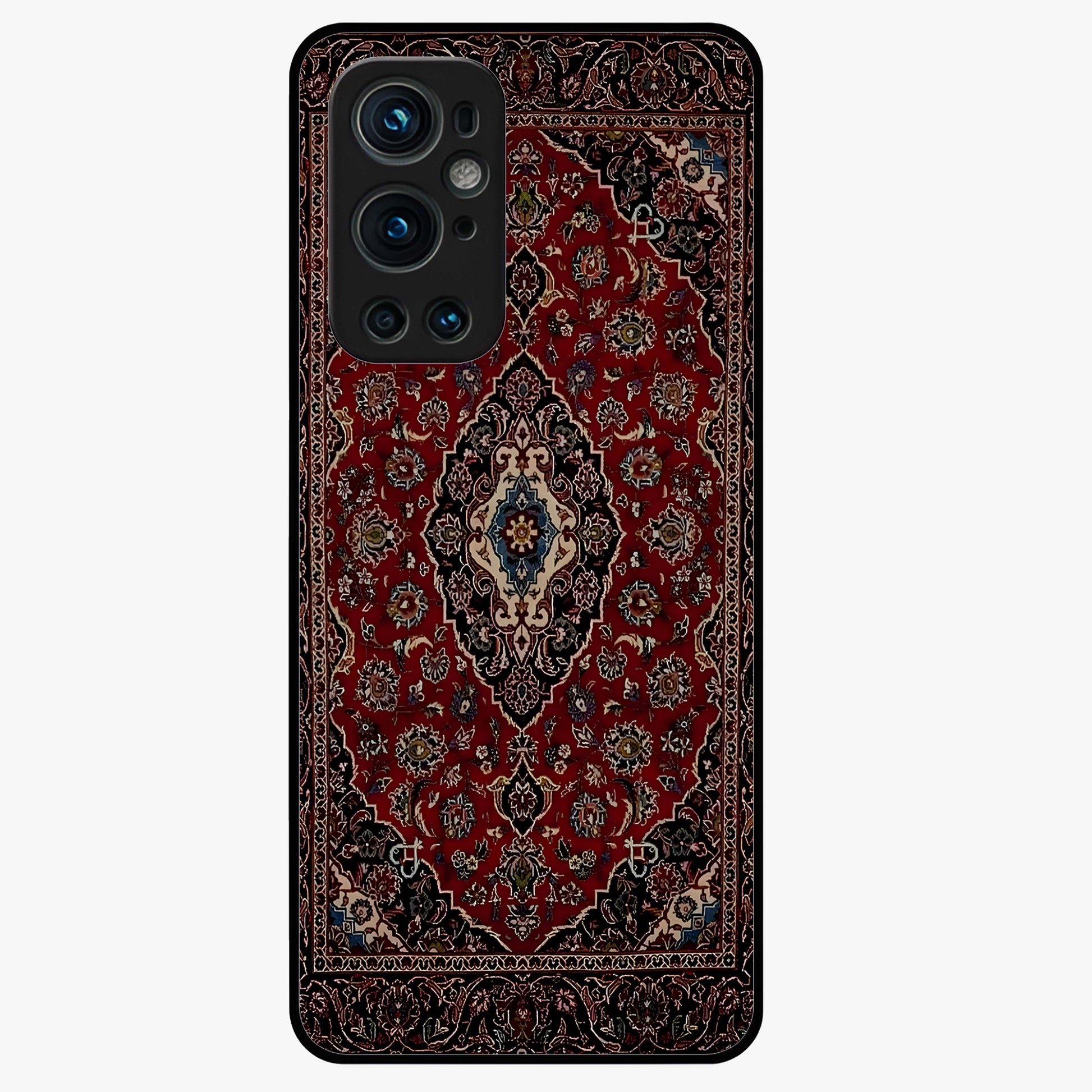 Heritage Carpet Royale Glass Case showing flat back view with ornate Persian carpet inspired pattern and glossy glass finish.