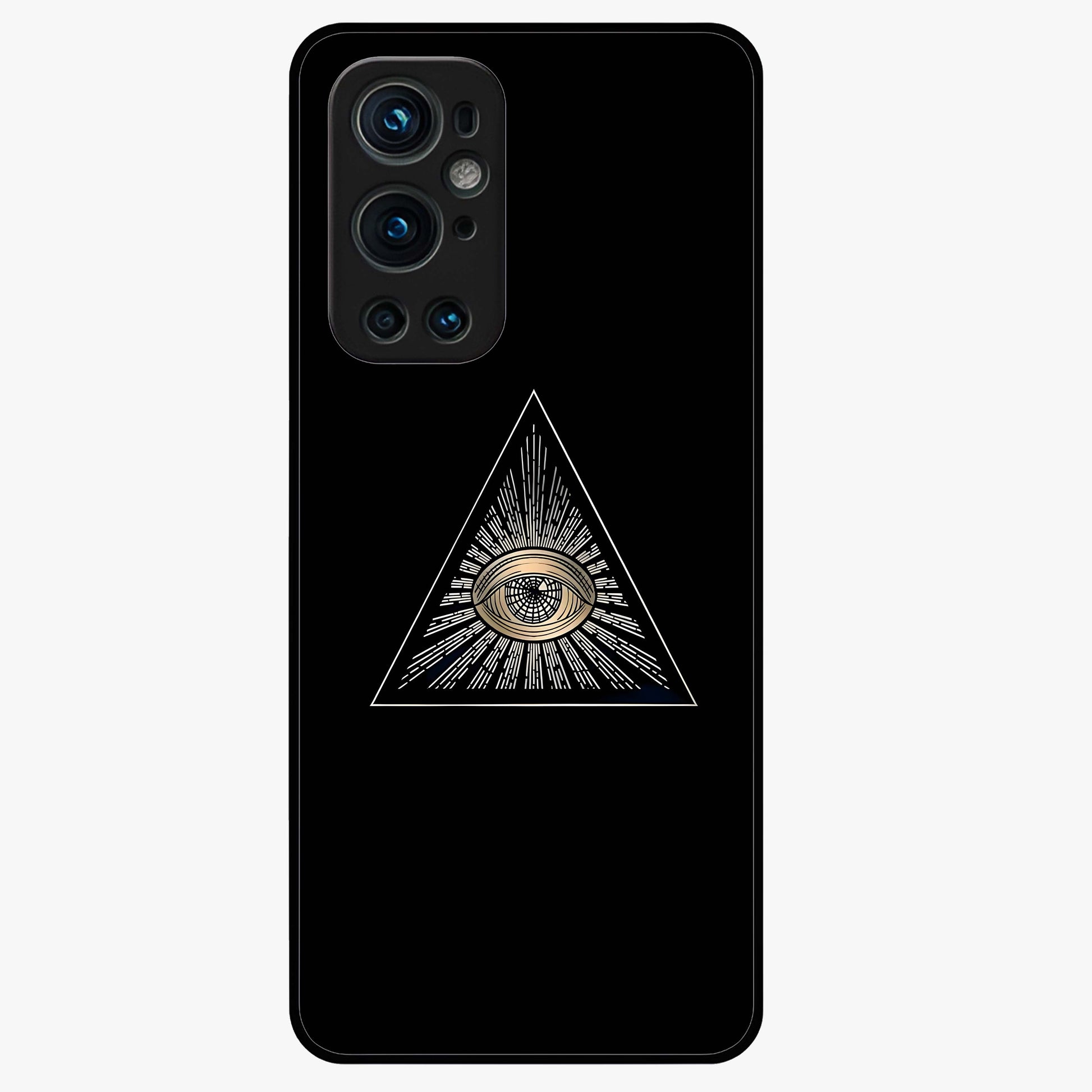 Illuminati Evil Glass Case showing flat back view with mysterious illuminati symbol artwork and glossy glass finish.