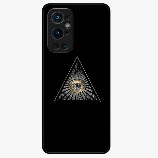 Illuminati Evil Glass Case showing flat back view with mysterious illuminati symbol artwork and glossy glass finish.
