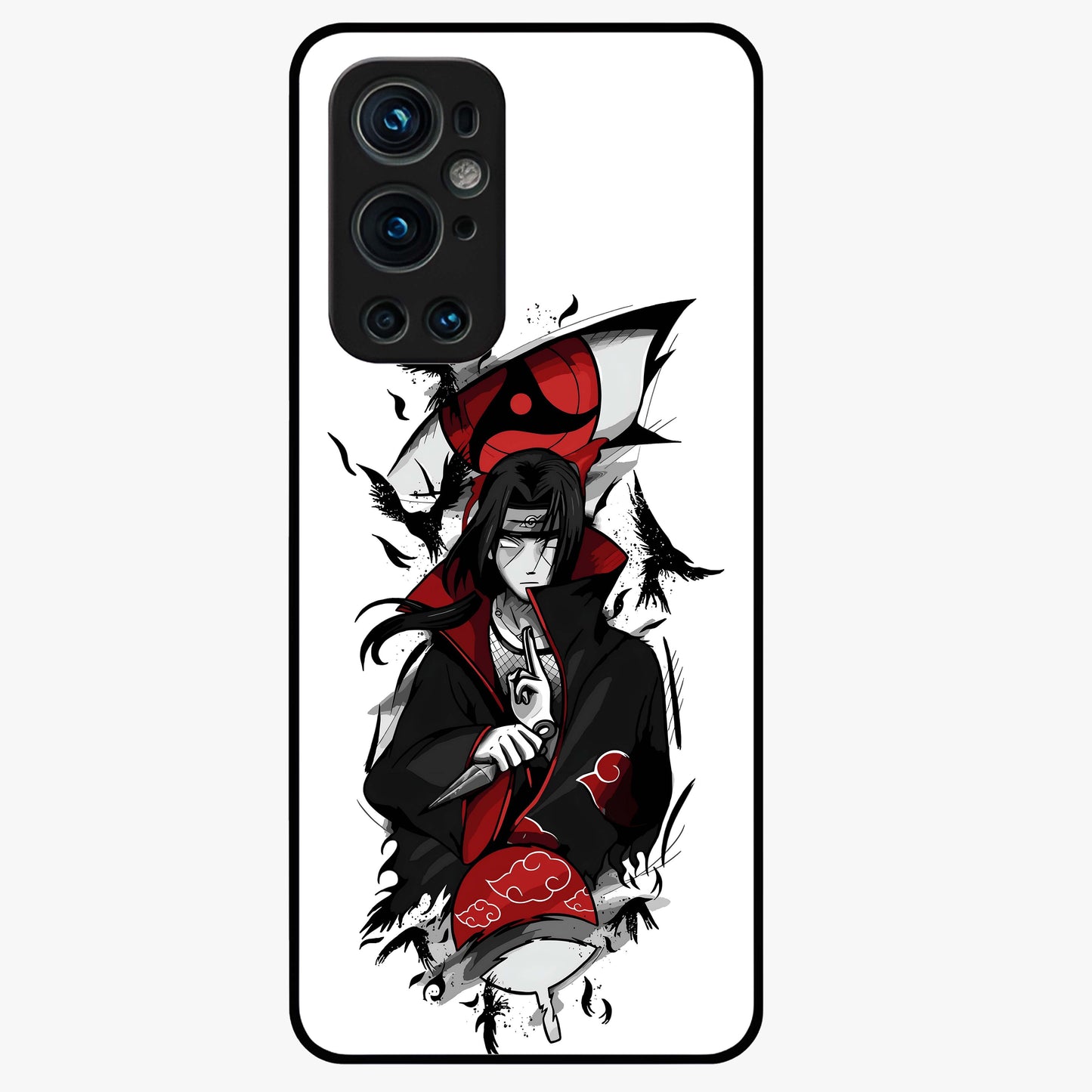 Itachi Sharingan Glass Case showing flat back view with powerful anime eye artwork and glossy glass finish.