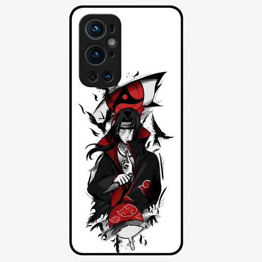 Itachi Sharingan Glass Case showing flat back view with powerful anime eye artwork and glossy glass finish.