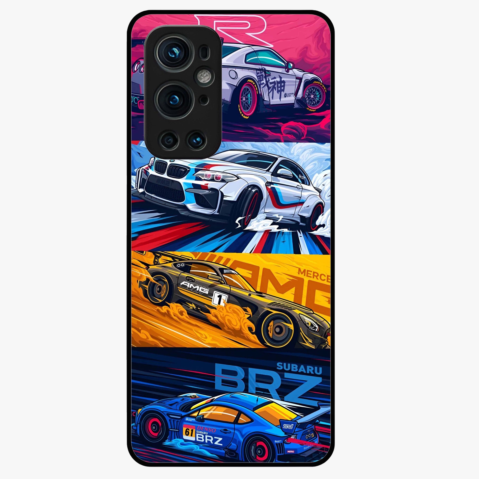 JDM Sports Car Glass Case showing flat back view with high performance sports car artwork and glossy glass finish.
