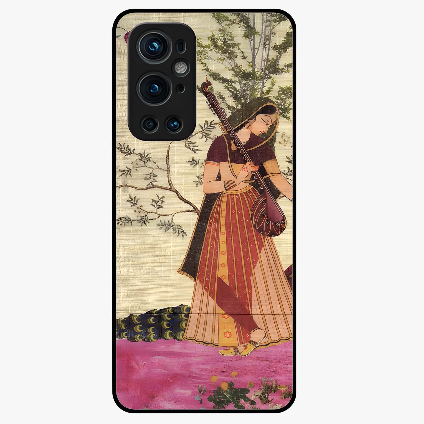 Lady With Veena Art Glass Case showing flat back view with elegant woman playing veena artwork and glossy glass finish.