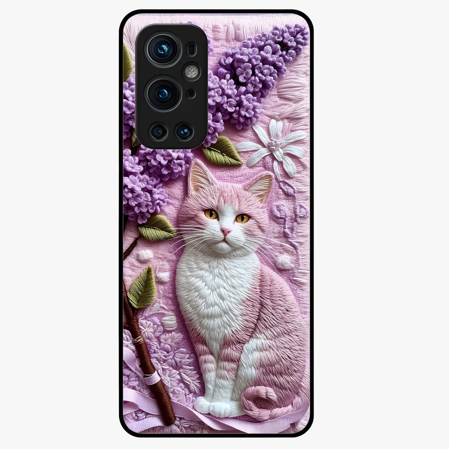 Lavender Cat Whimsy Glass Case showing flat back view with cute lavender cat artwork and glossy glass finish.