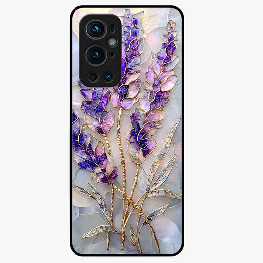 Lavender Dream Glow Glass Case showing flat back view with glowing lavender aesthetic artwork and glossy glass finish.