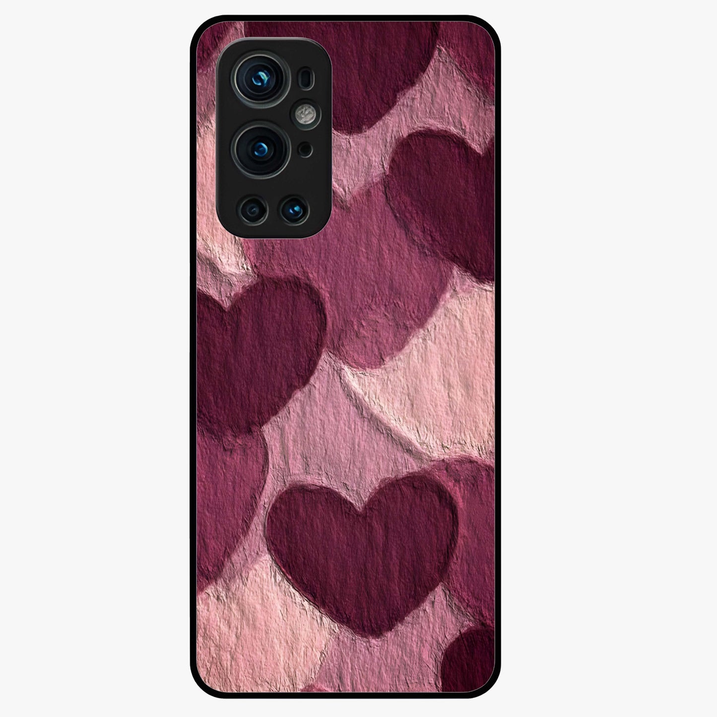 Layered Paper Hearts Glass Case showing flat back view with layered paper heart artwork and glossy glass finish.