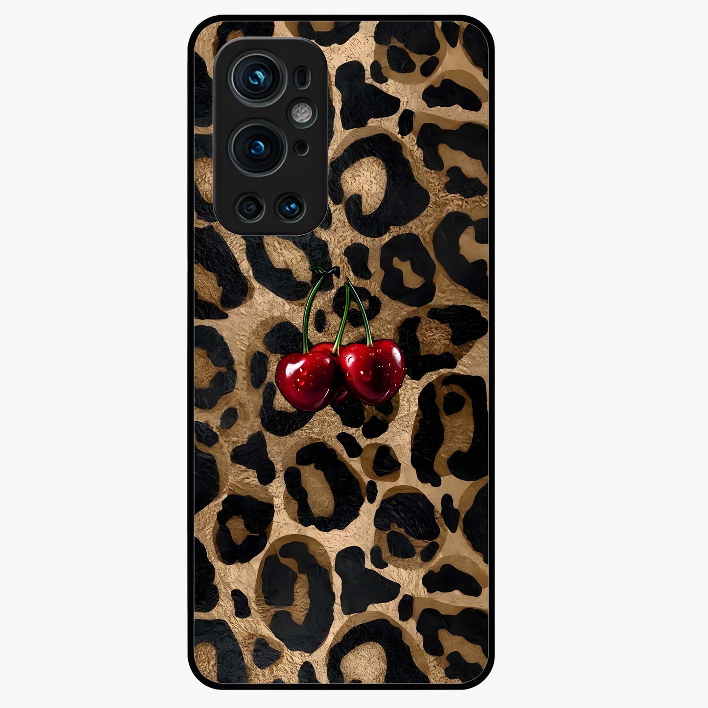 Leopard Wild Cherry Glass Case showing flat back view with leopard pattern and cherry artwork and glossy glass finish.