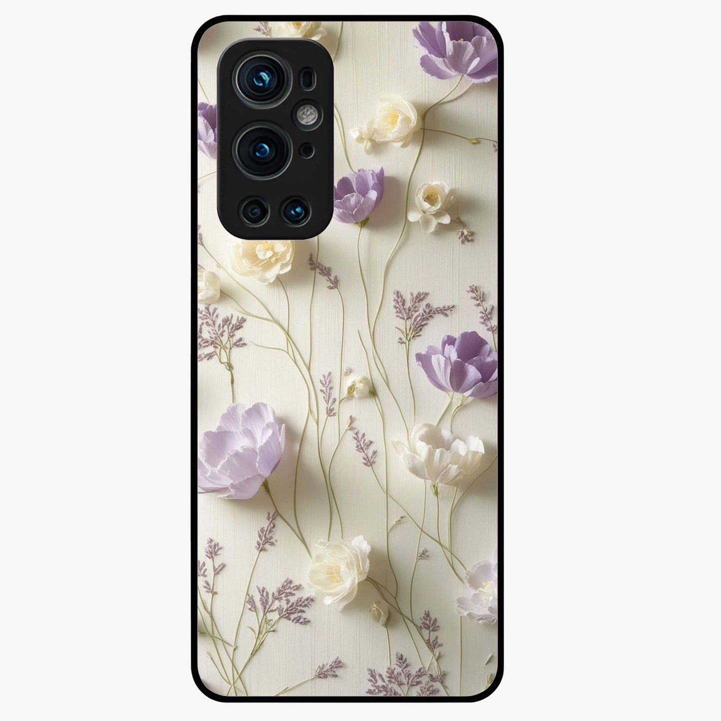 Lilac Breeze Harmony Glass Case showing flat back view with soft lilac themed artwork and glossy glass finish.