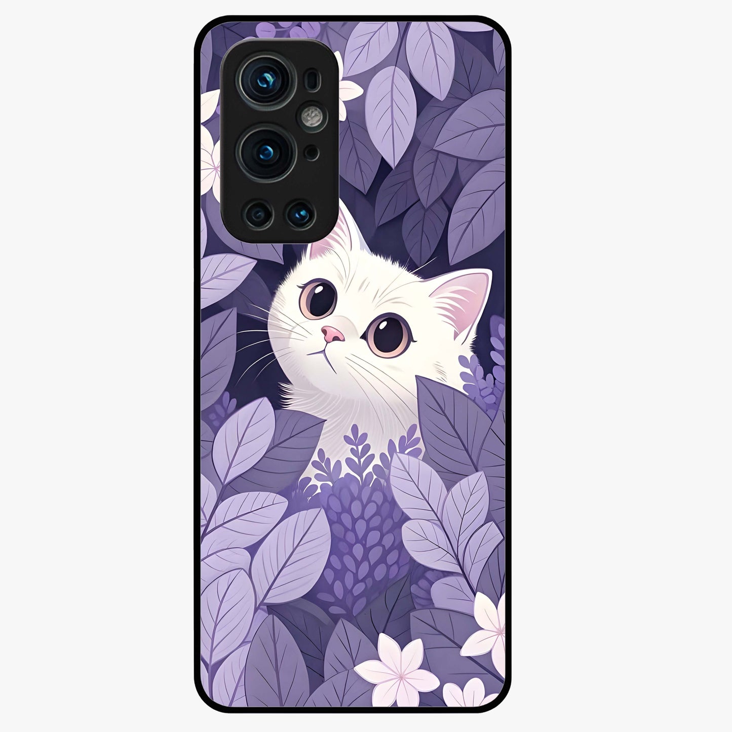 Lilac Hide Peek Cat Glass Case showing flat back view with cute peeking cat artwork and glossy glass finish.