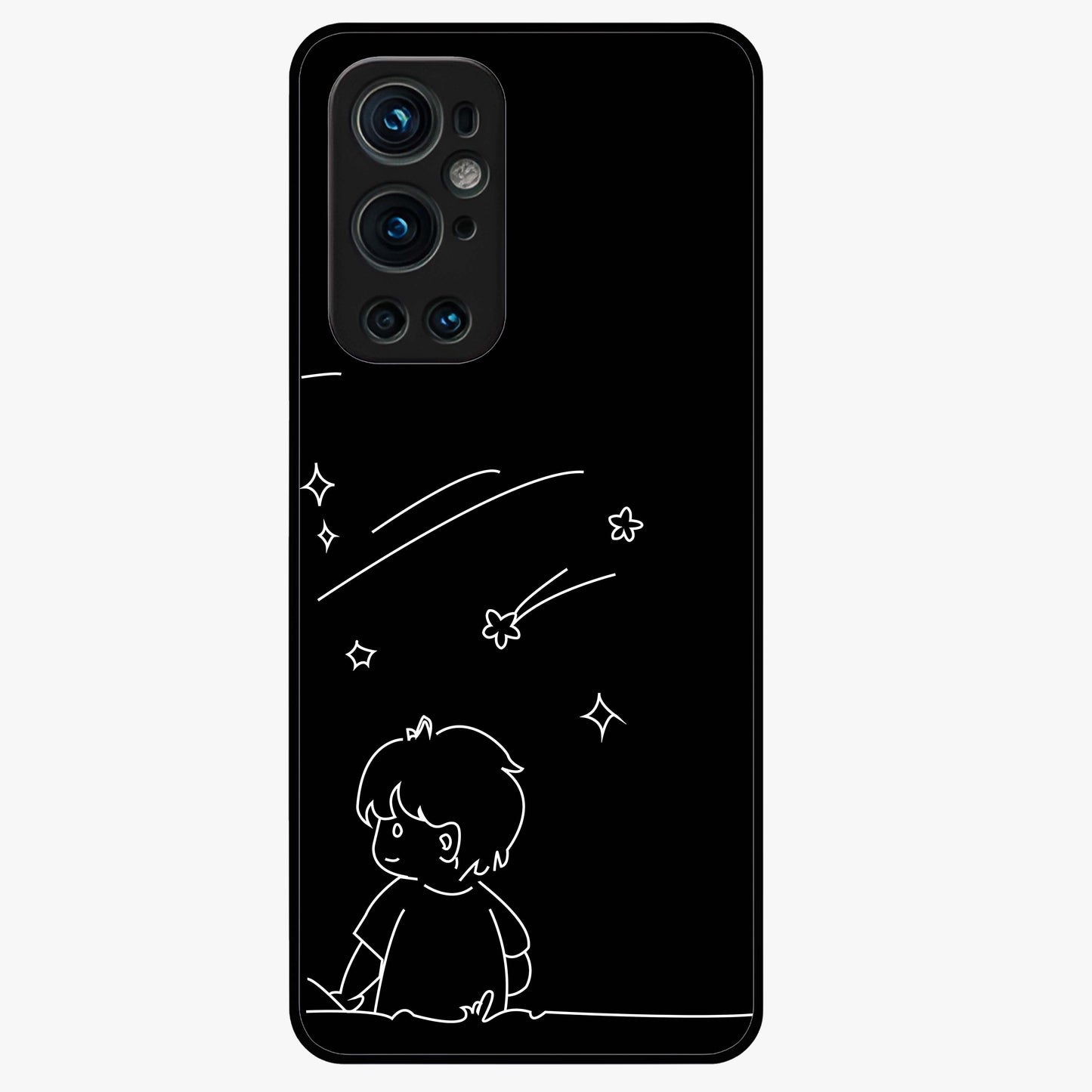 Line Art Boy With Shooting Stars Glass Case showing flat back view with minimal line art boy and shooting stars illustration and glossy glass finish.