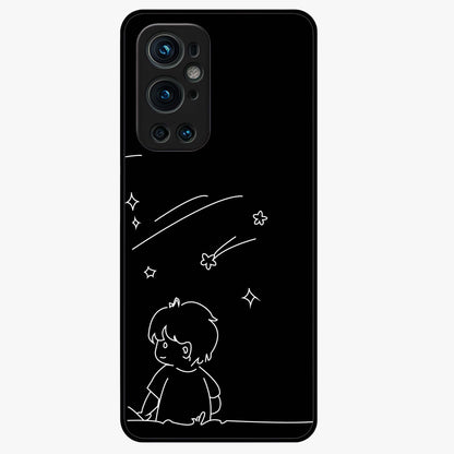 Line Art Boy With Shooting Stars Glass Case showing flat back view with minimal line art boy and shooting stars illustration and glossy glass finish.