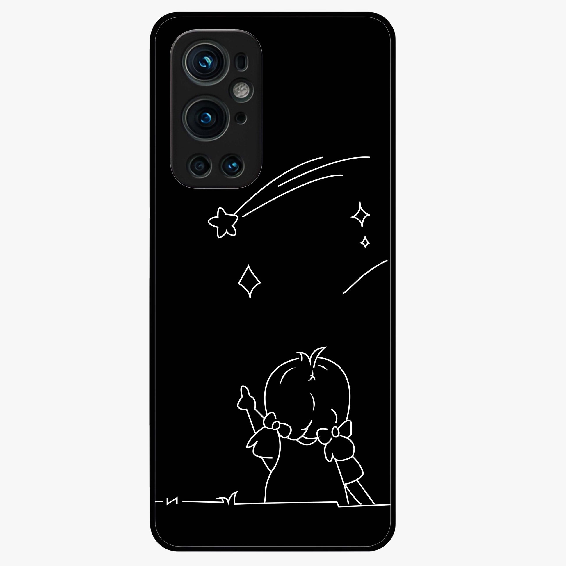 Line Art Girl With Shooting Stars Glass Case showing flat back view with minimal line art girl and shooting stars illustration and glossy glass finish.