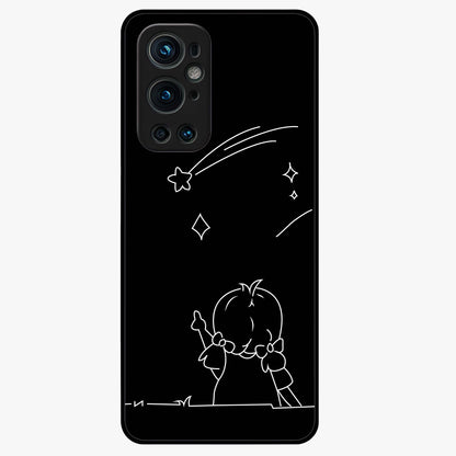 Line Art Girl With Shooting Stars Glass Case showing flat back view with minimal line art girl and shooting stars illustration and glossy glass finish.
