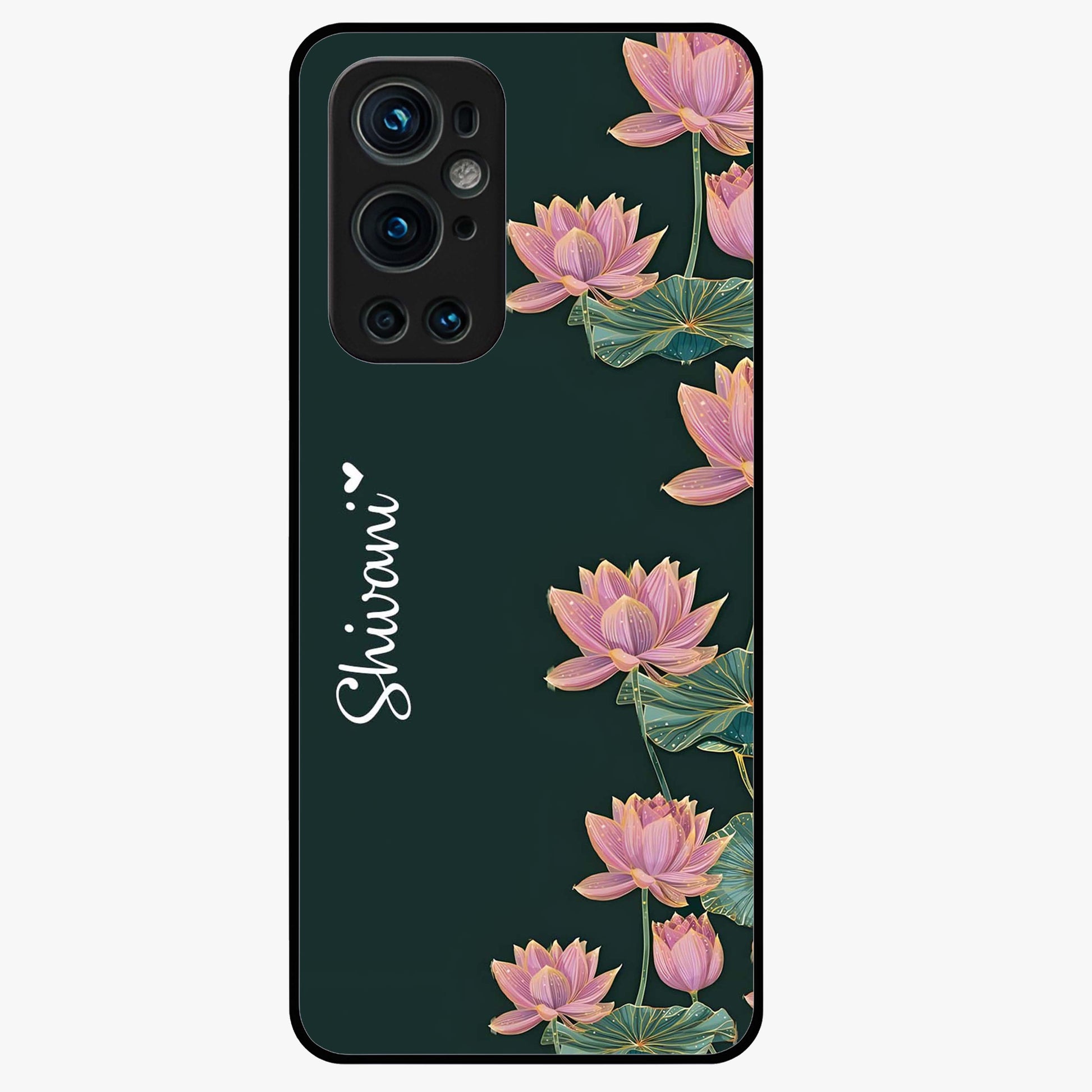 Lotus Bloom Serenity Custom Name Glass Case showing flat back view with elegant lotus flower artwork and personalized name design.