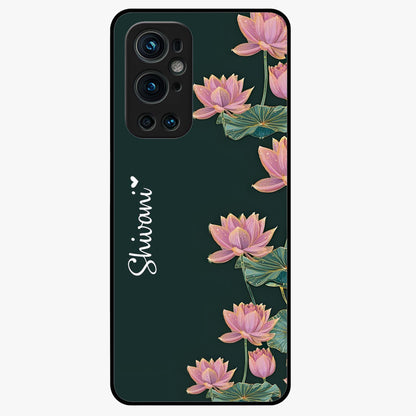 Lotus Bloom Serenity Custom Name Glass Case showing flat back view with elegant lotus flower artwork and personalized name design.
