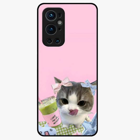 Love Matcha Cat Glass Case showing flat back view with cute cat and matcha themed artwork and glossy glass finish.