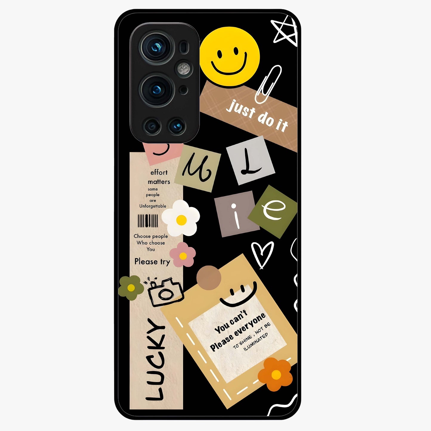 Lucky Aesthetic Collage Glass Case showing flat back view with trendy aesthetic collage artwork and glossy glass finish.
