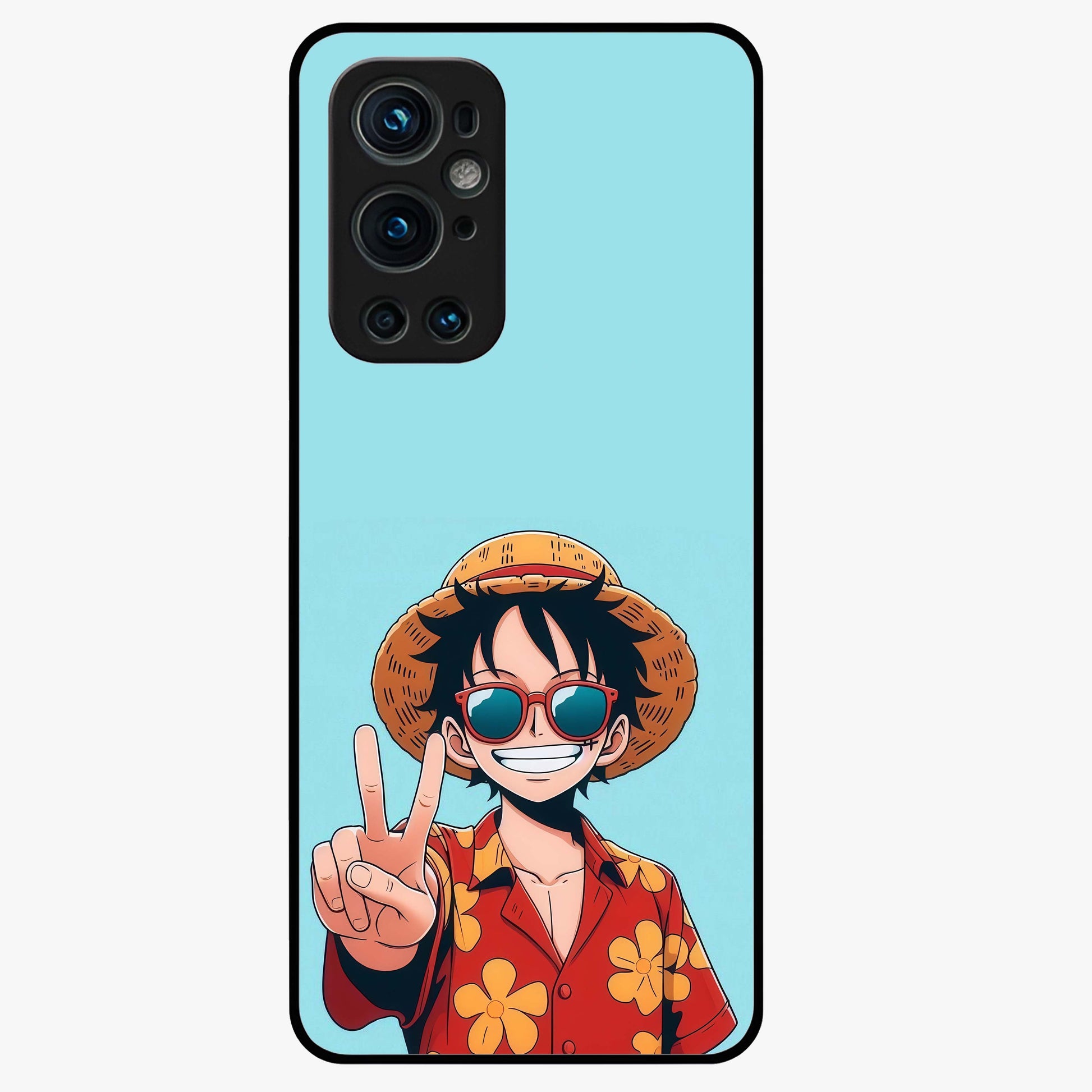 Luffy Summer Anime Vibe Glass Case showing flat back view with vibrant anime character artwork and glossy glass finish.