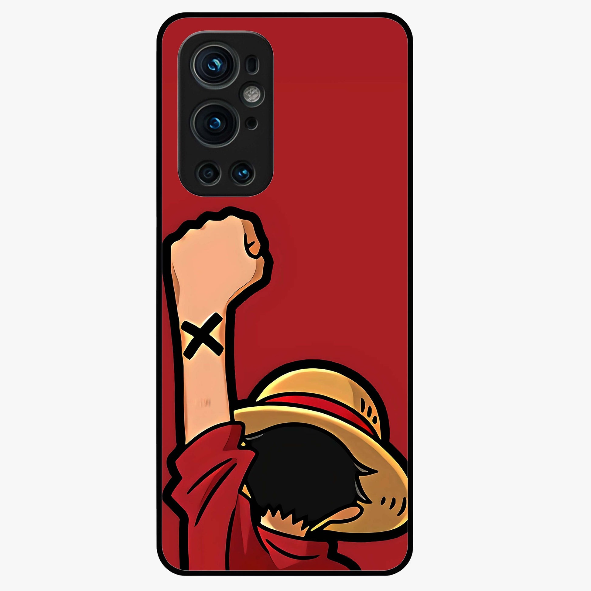 Luffy X Spirit Glass Case showing flat back view with bold anime character artwork and glossy glass finish.