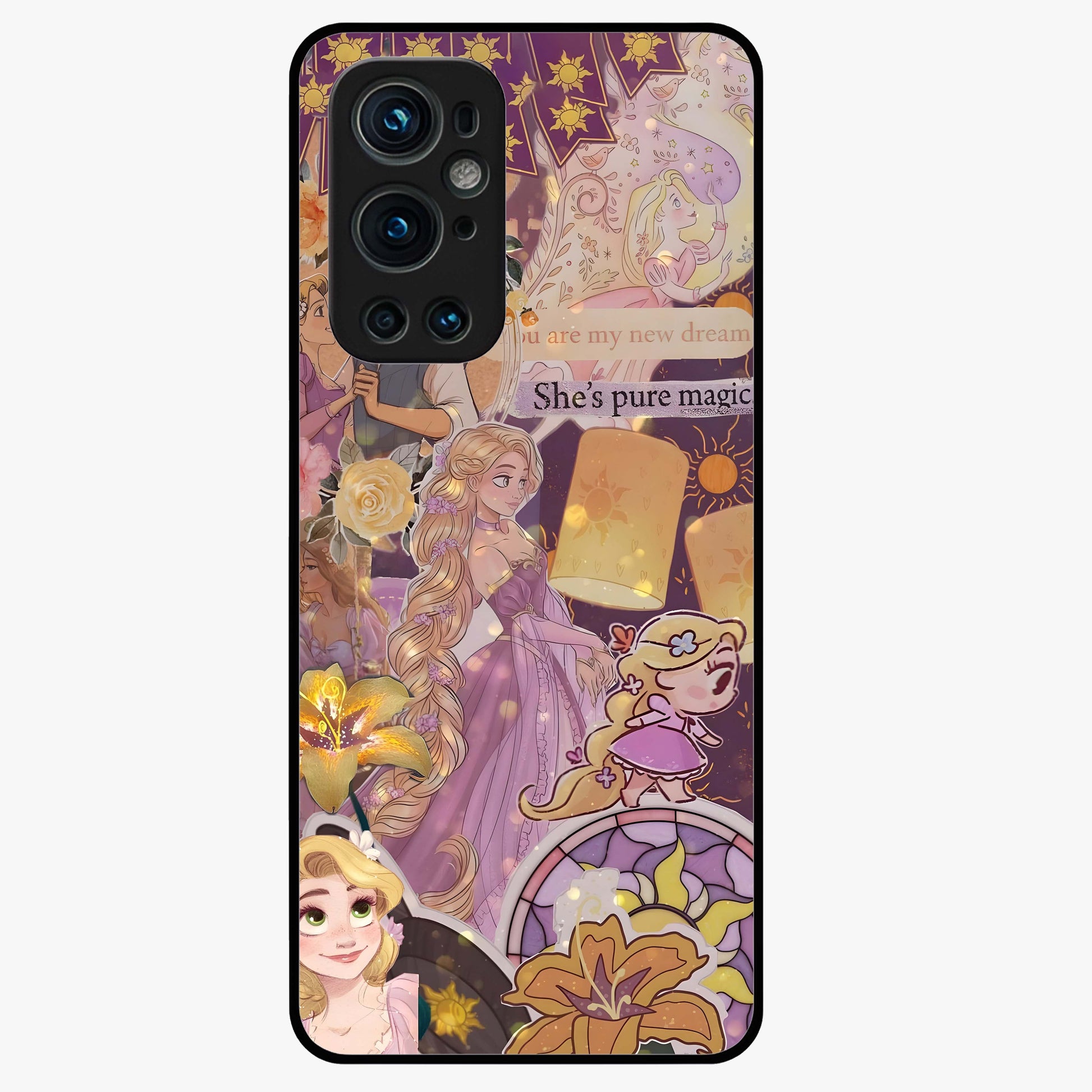 Magical Tangled Dream Glass Case showing flat back view with dreamy tangled artwork and glossy glass finish.
