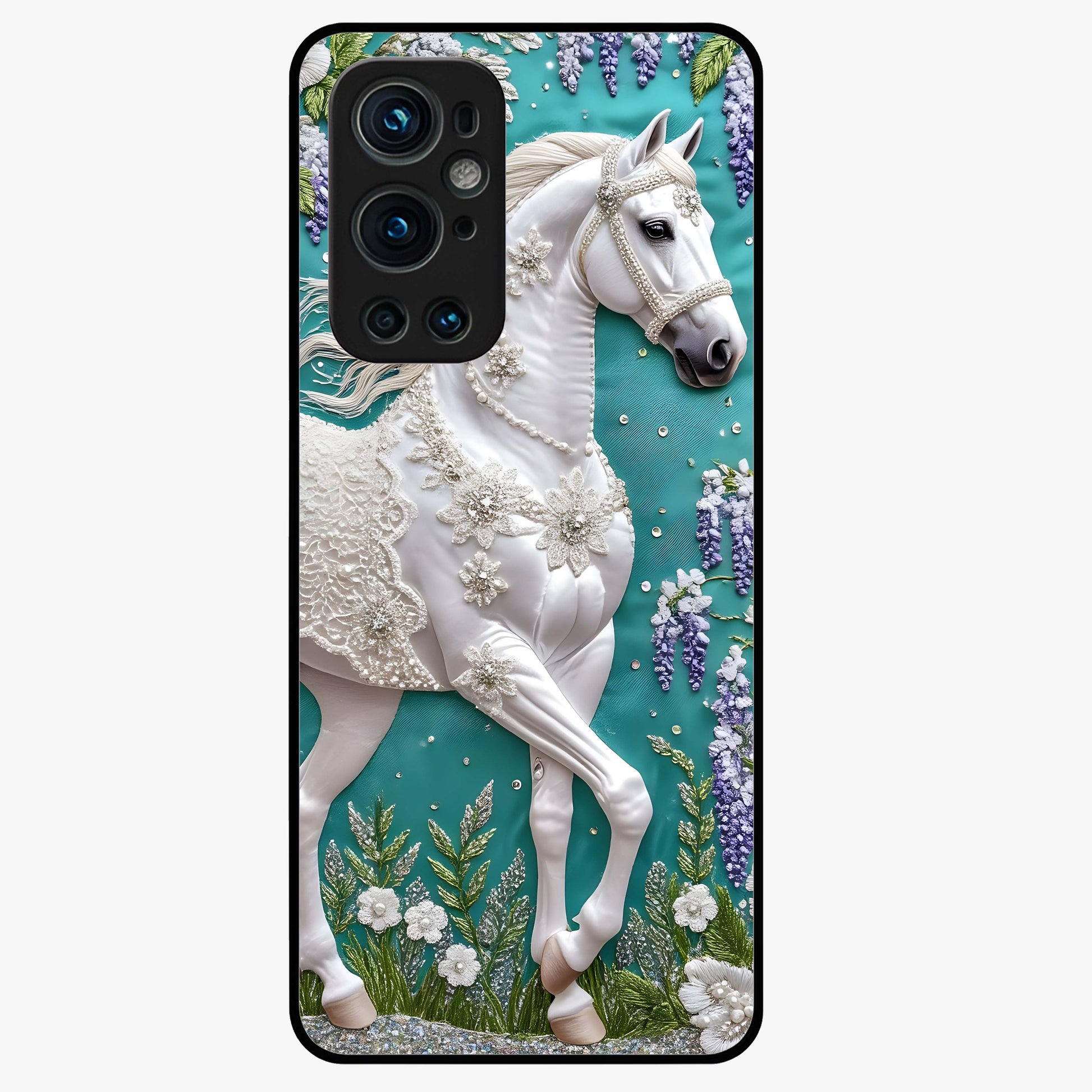Majestic Floral Stallion Glass Case showing flat back view with powerful horse and floral artwork and glossy glass finish.