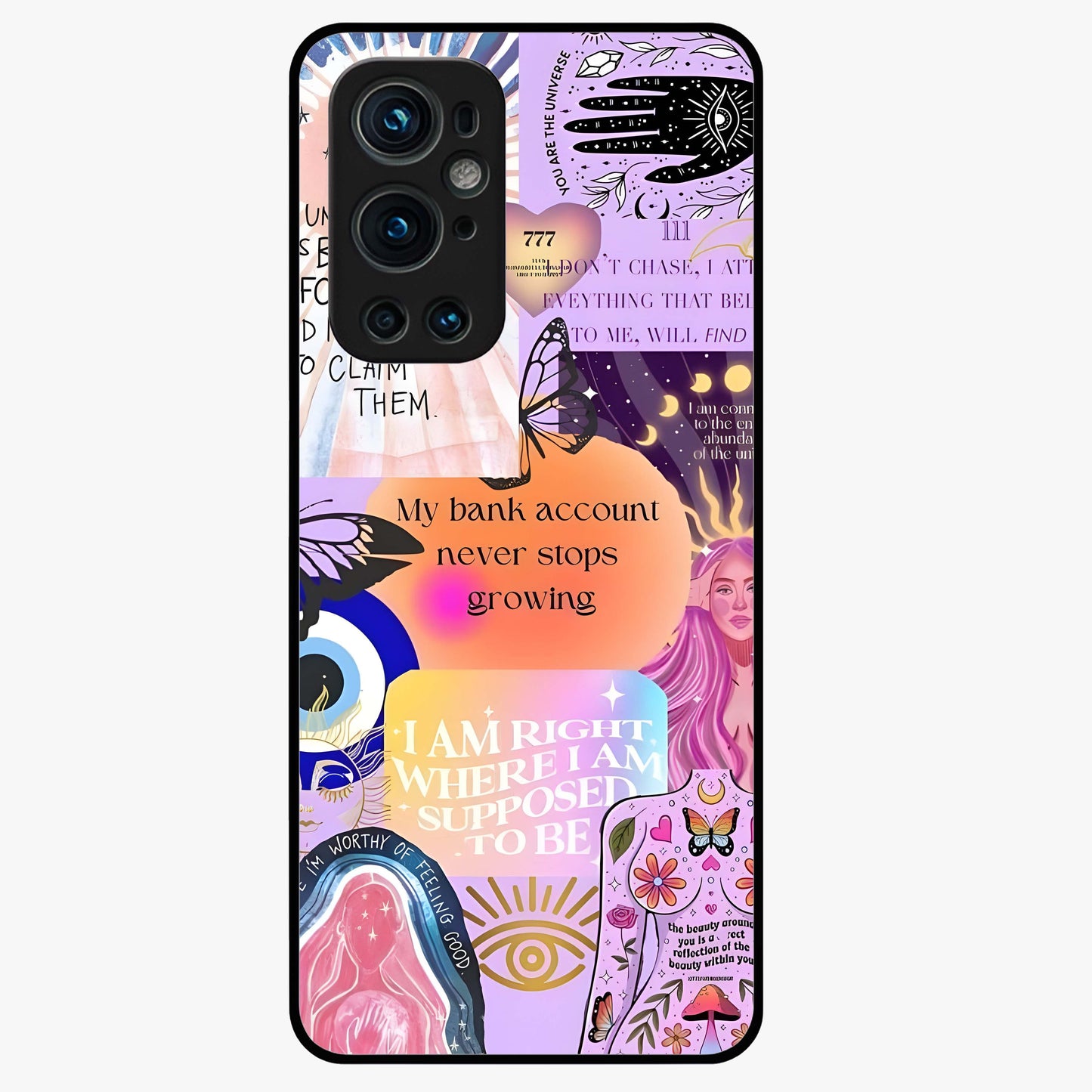 Manifestation Collage Glass Case showing flat back view with motivational collage artwork and glossy glass finish.